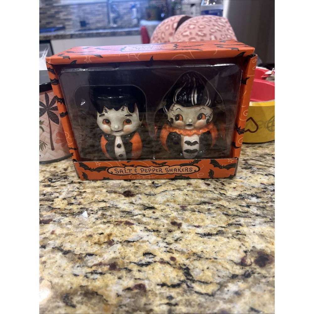 Johanna Parker Frankenstein & Bride Salt Pepper Shakers Retro Halloween Kitch